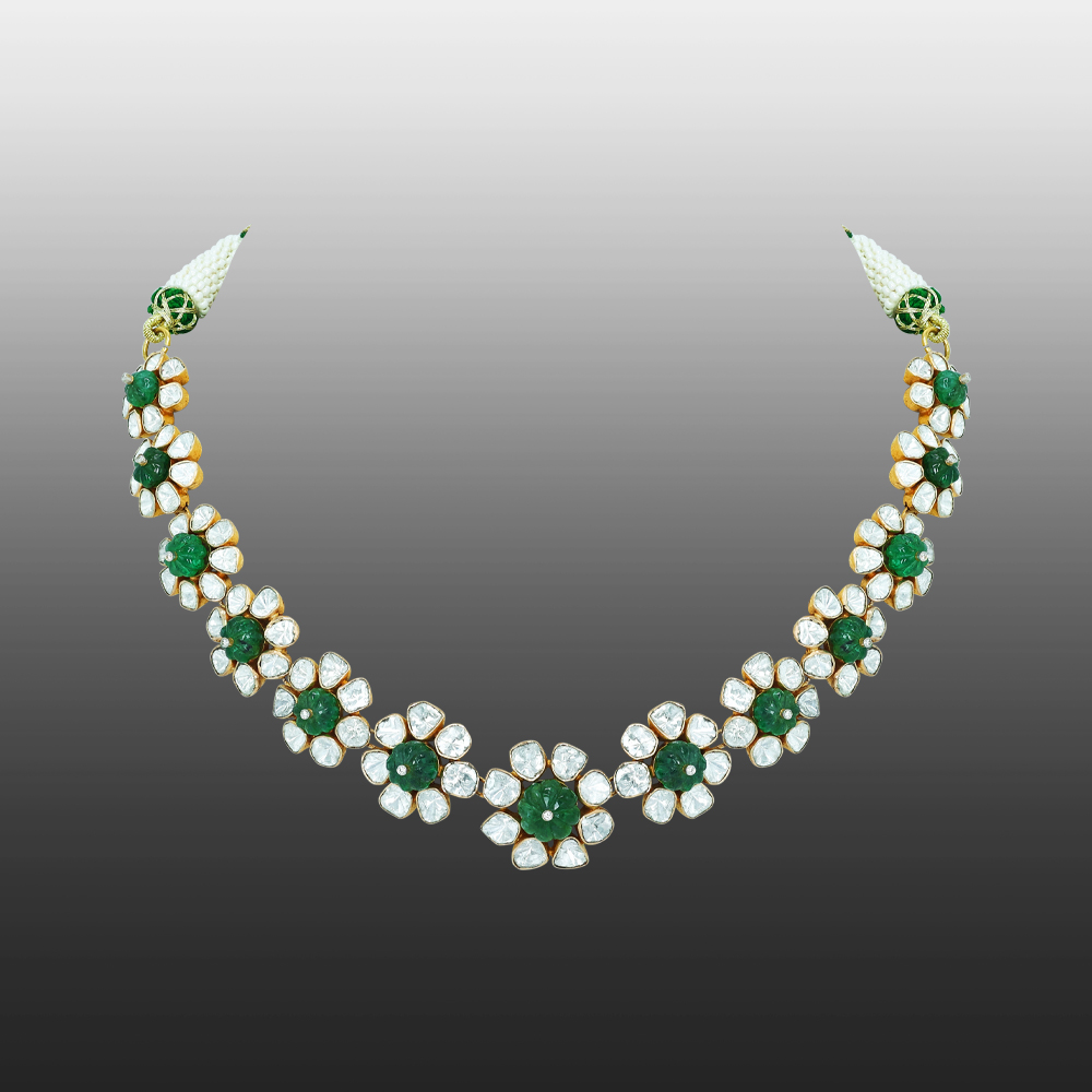 Polki Necklace with Emerald Accents and Blooming Design